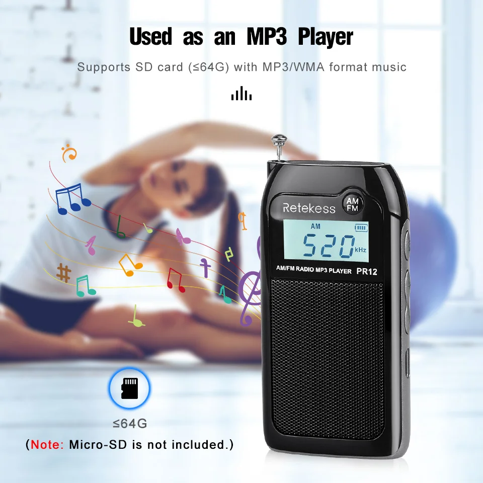 RETEKESS PR12 Radio FM AM Mini-Taschenradio MP3 Tragbarer Empfänger mit hintergrundbeleuchtetem Display, digitaler Stereo-Unterstützung und TF-Kartenfunktion für Senioren – Detail 4