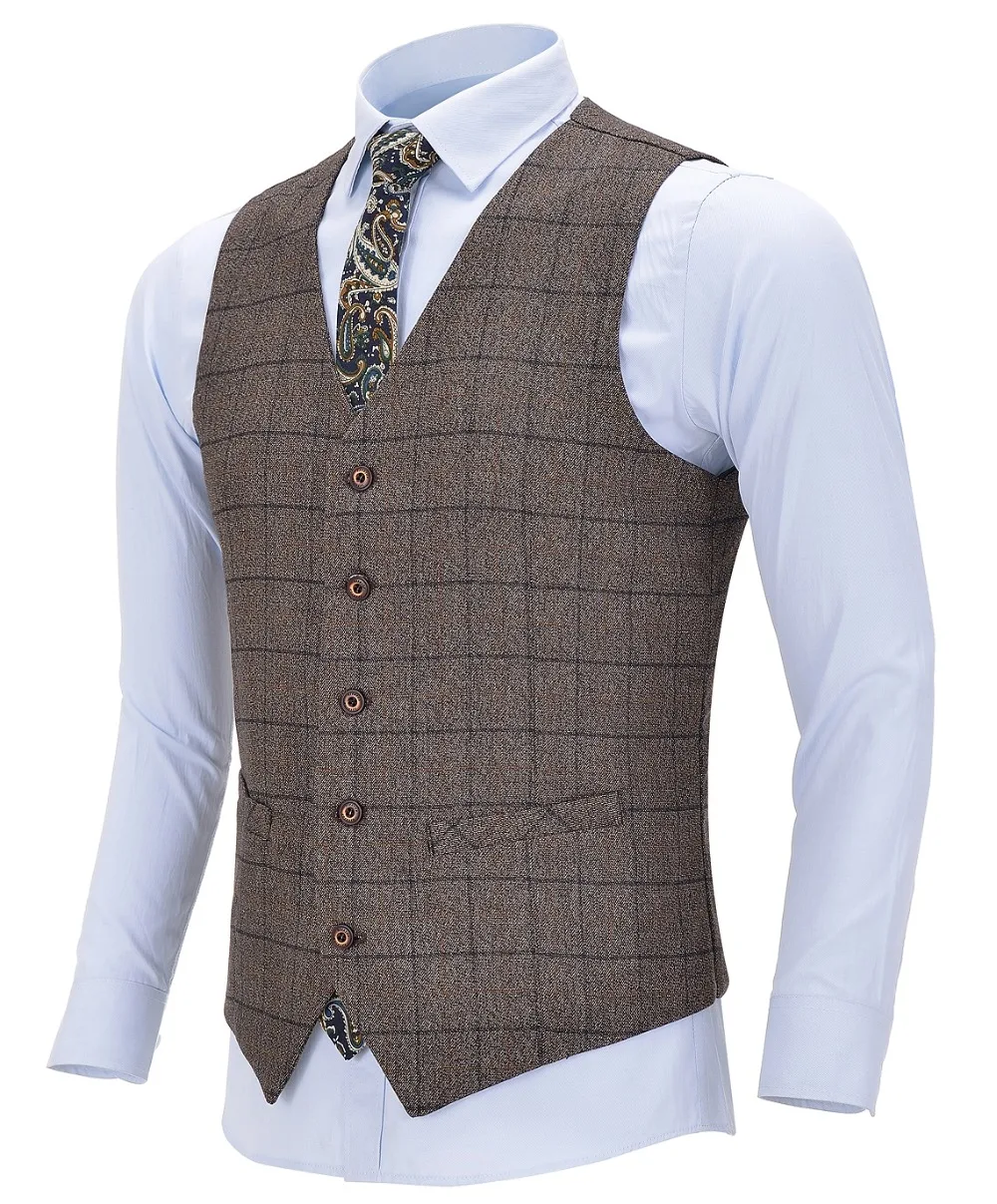 

Tweed Mens Business Vest Boutique Slim Fit Single-breasted Cotton Suit Wool Plaid Brown Waistcoat For Wedding Groomsmen