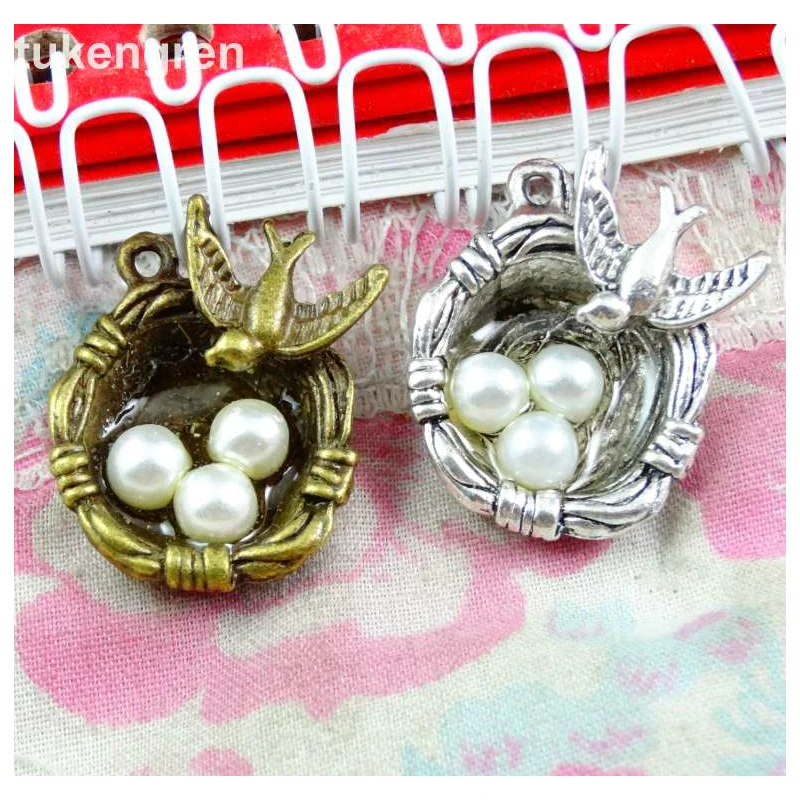 

15Pcs Swallow Bird's Nest Eggs Charms 14.7*23.9*9.3MM Bronze Color Antique Silver Plated Pendant DIY Jewelry Accessories