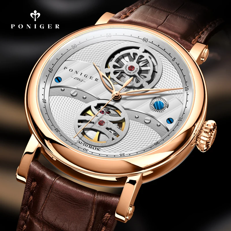 PONIGER الفاخرة حزام من الجلد الطبيعي الرجال ساعة اليد الهيكل العظمي التلقائي ساعة ميكانيكية الياقوت الزجاج مقاوم للماء 50 متر ساعة رجالية