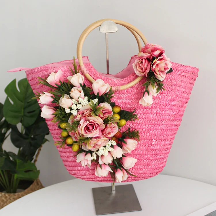 Sweet Lace and Artificial Rose Lily Flower Beach Bag Hat Suit Elegant Straw Customized Handbag for Summer Vacation Women Lady