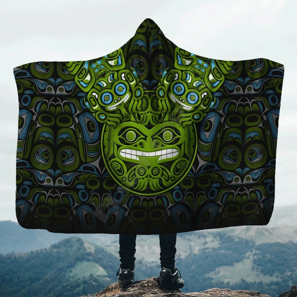 Wealthy Frog Native 3D All Over Printed Hooded Blanket Adult child Sherpa Fleece Wearable Blanket Microfiber Bedding