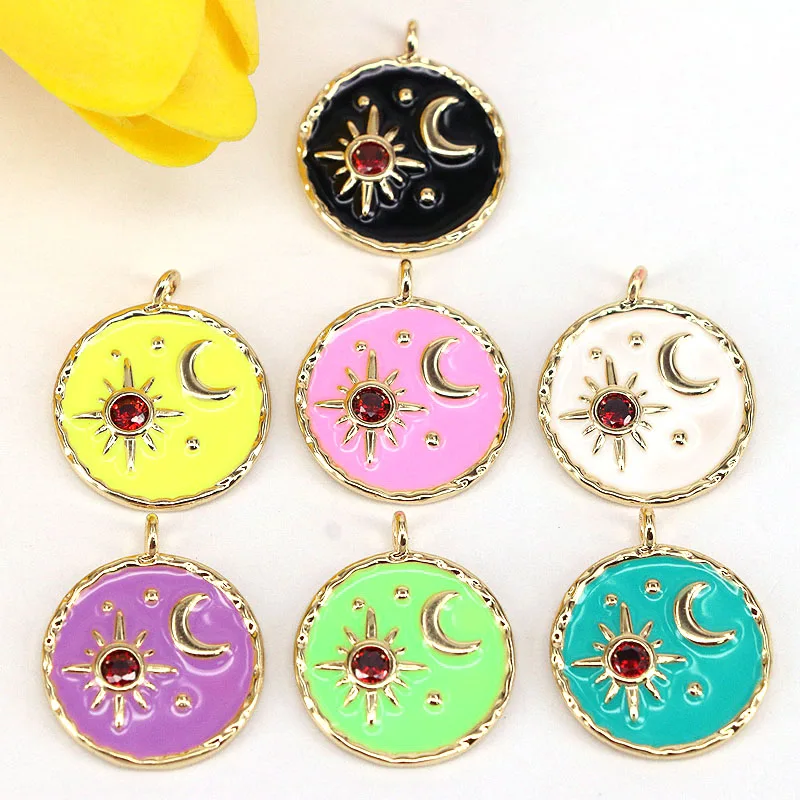 

10Pcs Gold Plated Star And Moon Pendant,Enamel Crescent Charm, Micro Pave CZ Enamel Round Necklace Charms