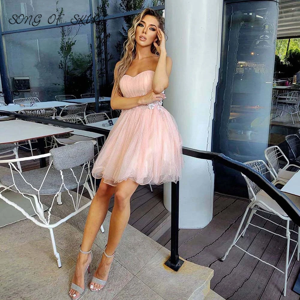 

New Pink Sweetheart Cocktail Party Dresses Elegance Beading Applique Short Women Homecoming Prom Gowns Vestidos De Fiesta