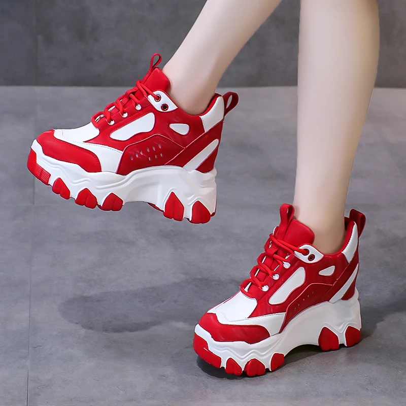 High Platform Sneakers For Women Chunky Leather Shoes Fashion Walking Trainers 9.5CM Casual Shoes Woman Lace-up Vulcanized Shoes