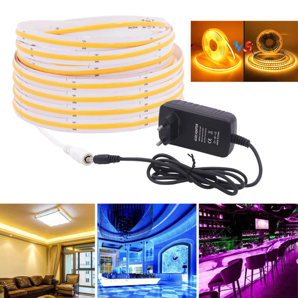 FCOB LED Strip Light 384LEDs/m 12V High Density Flexible FOB COB RA90 Tape Linear Lighting Kitchen Cabinet Backlight Lamp EU