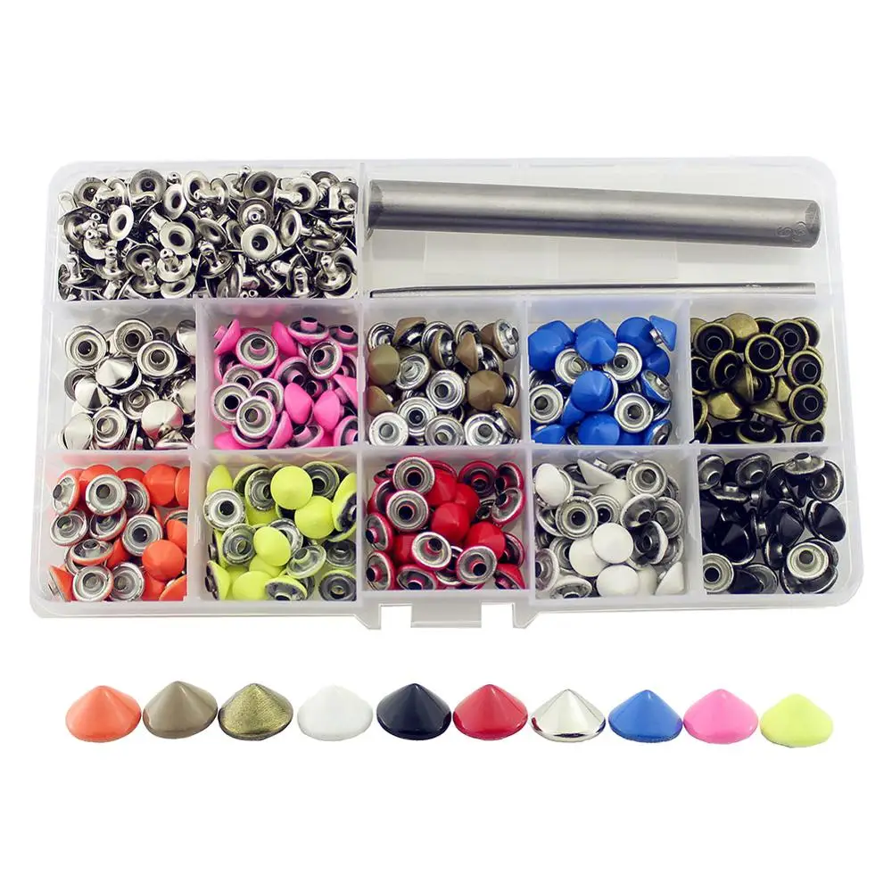 300sets 9mm Colorful Painted Cone Rivets For Leather Carft Tire Studs And Spikes For Clothes DIY Shoes Bags With Install Tools