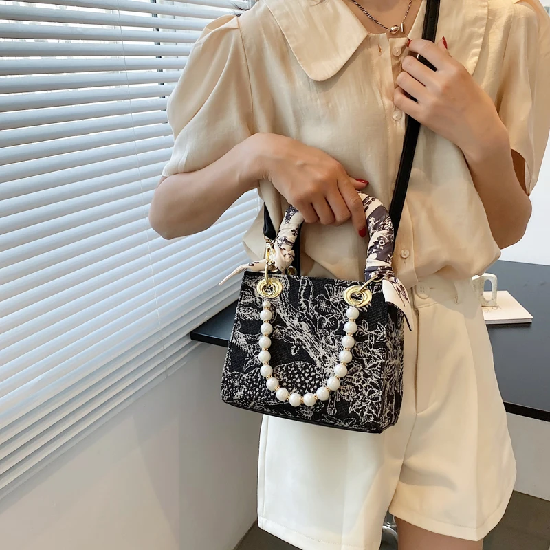 Fashion Purse Messenger Bag Simple Women Totes Ribbon Handbag Pearl Ladies Shoulder Bag Vintage Crossbody Bag for Women 2022