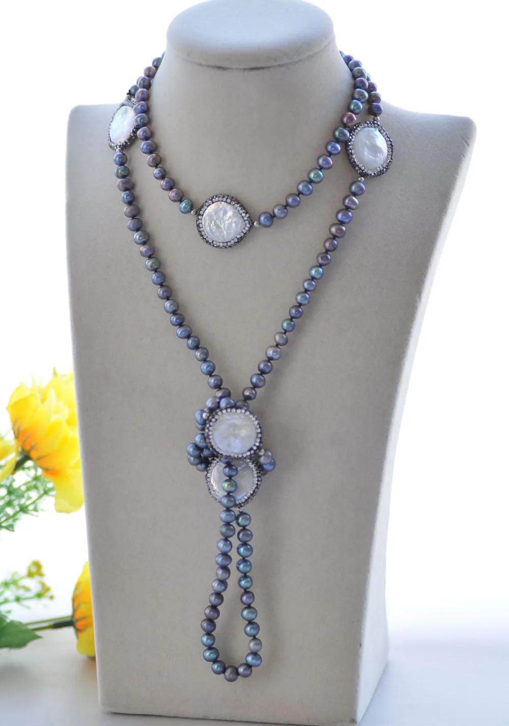 

P7565 46" 23mm Peacock-Black CZ coin & Round Pearl Necklace Choker