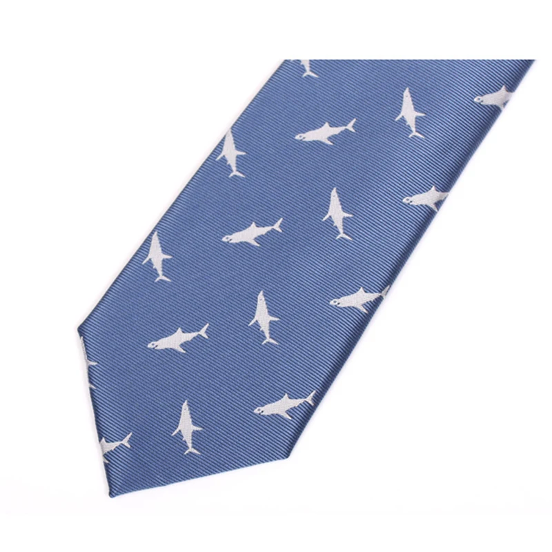 New Fashion 7CM Ties For Men Business Suit Party Wedding Work High Quality Male Sky Blue Necktie Shark Print Gift Box