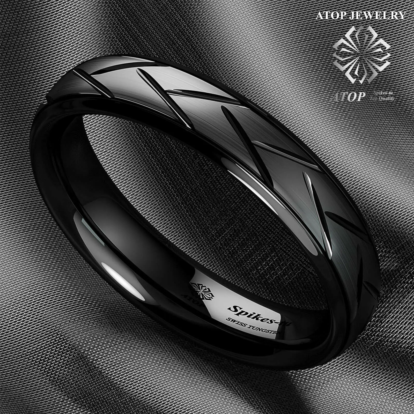 6mm Dome Black Warrior Brushed Center Tungsten Ring Bridal Band ATOP Jewelry