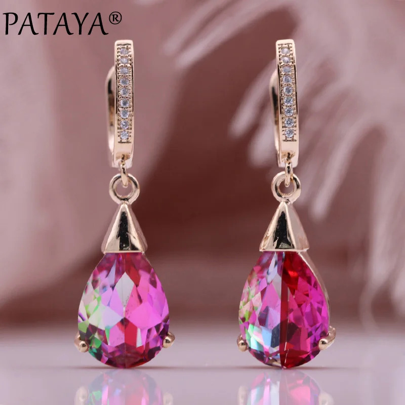 PATAYA New Trend Water Drop Natural Zircon Long Earrings 585 Rose Gold Color Women Dangle Earrings Romantic Gift Fashion Jewelry