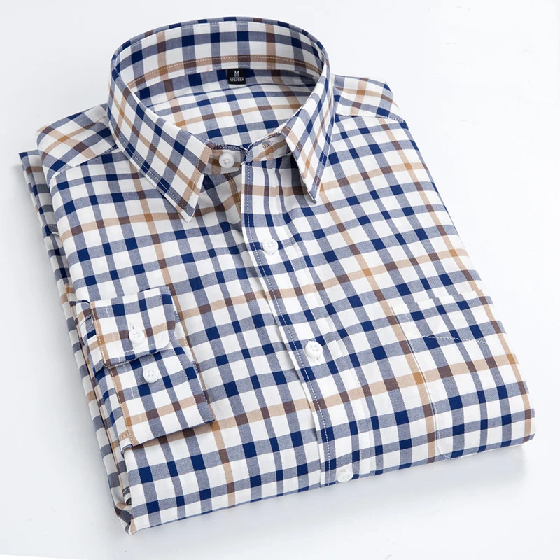 Men\'s Shirt 100% Cotton Plaid Style Long Sleeve Shirts New Arrival Soft Casual Turn-Down Collar Slim Fit Shirt Male Tops