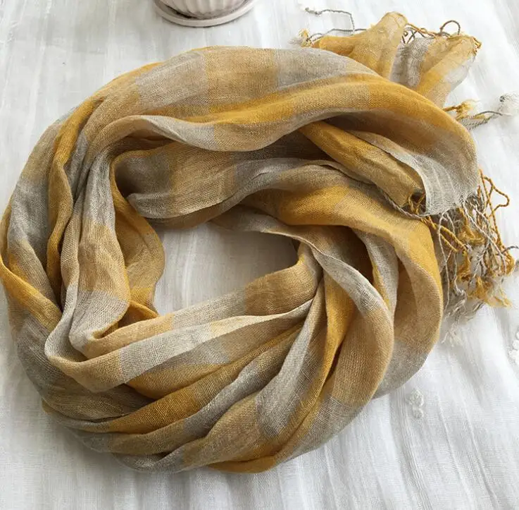 100% Linen Plaid Contrast Tassels Linen Men/Women Yellow Scarves Woman Spring Scarf Pashmina Shawls Wraps Head Scarf bandanas