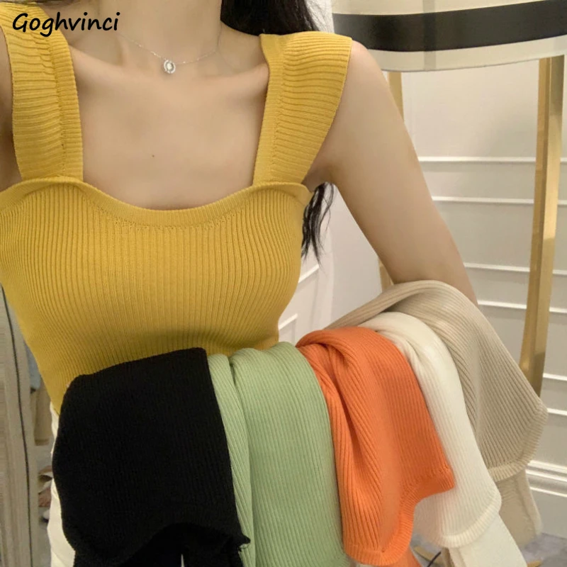 Tanks Tops Women Summer Solid Chic Sexy Daily Outwear Crop Top Camisoles Womens Knitted Basic Ulzzang All-match Sleeveless Tees