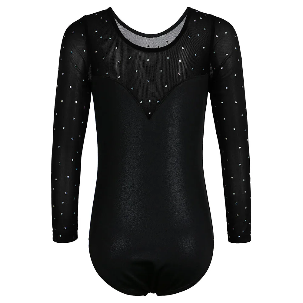 BAOHULU Black Sequins Girls Leotards for Gymnastics Mesh Long Sleeve Jumpsuit Ballet Bodysuit Kids Athletics Training Costume