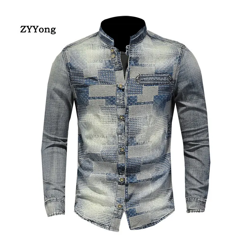 Men's Denim Shirt Retro Stand Collar Long Sleeve Patch Blue Plaid Patchwork Style Casual Camisas Chemise Homme Thin Coat