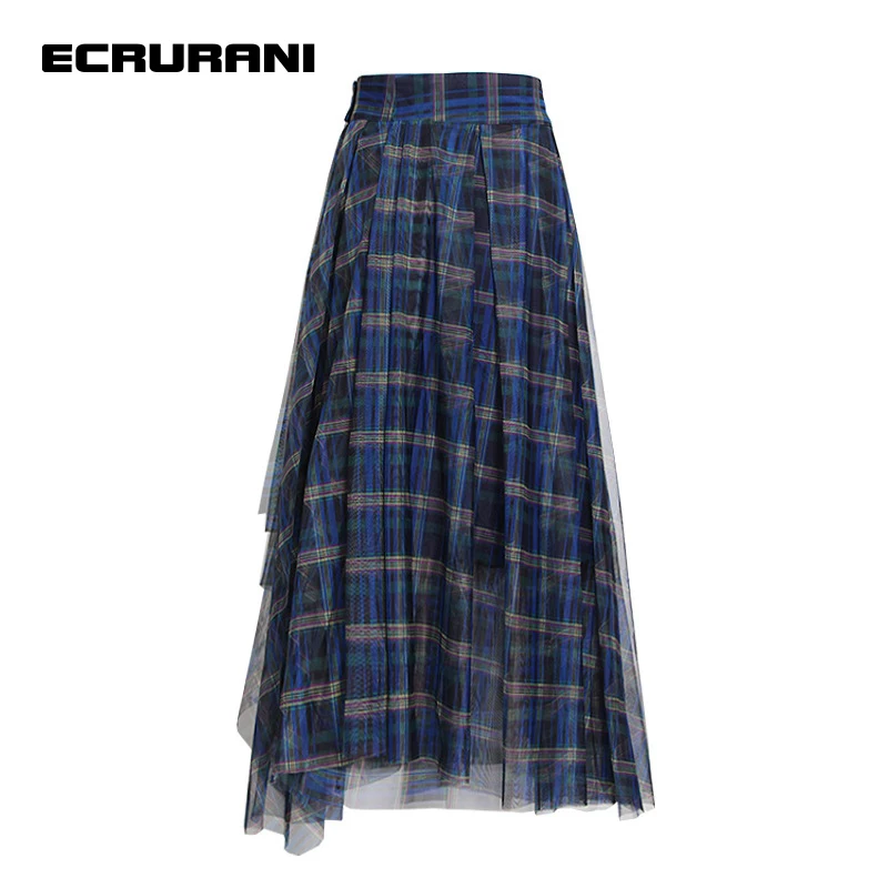 

ECRURANI Blue Plaid Elegant Skirt For Women High Waist Hit Color Patchwork Midi Skirts Female Fashion Summer Clothing 2021 Style