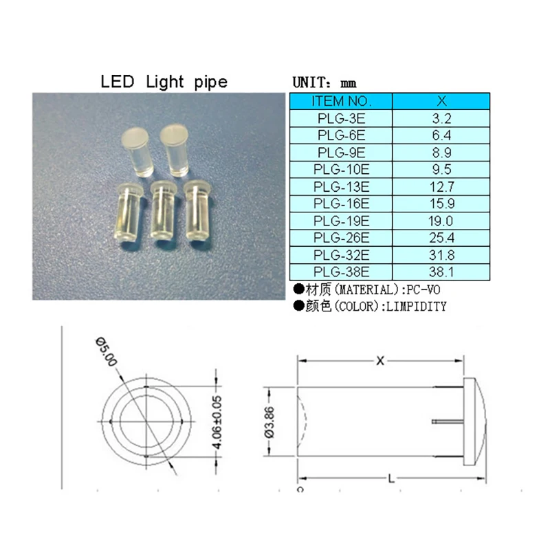 100PC Clear color 3.2MM-38.1MM LIGHT PIPE FOR 4MM Led Diode LED Tube Lampshade Replace PLG-E LED patch light guide