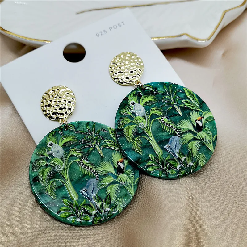 New Fashion Embossed Print Big Round Acrylic Drop Earrings Exaggerated Jewelry Green Rainforest Plant Animal Tree Leaves Earring