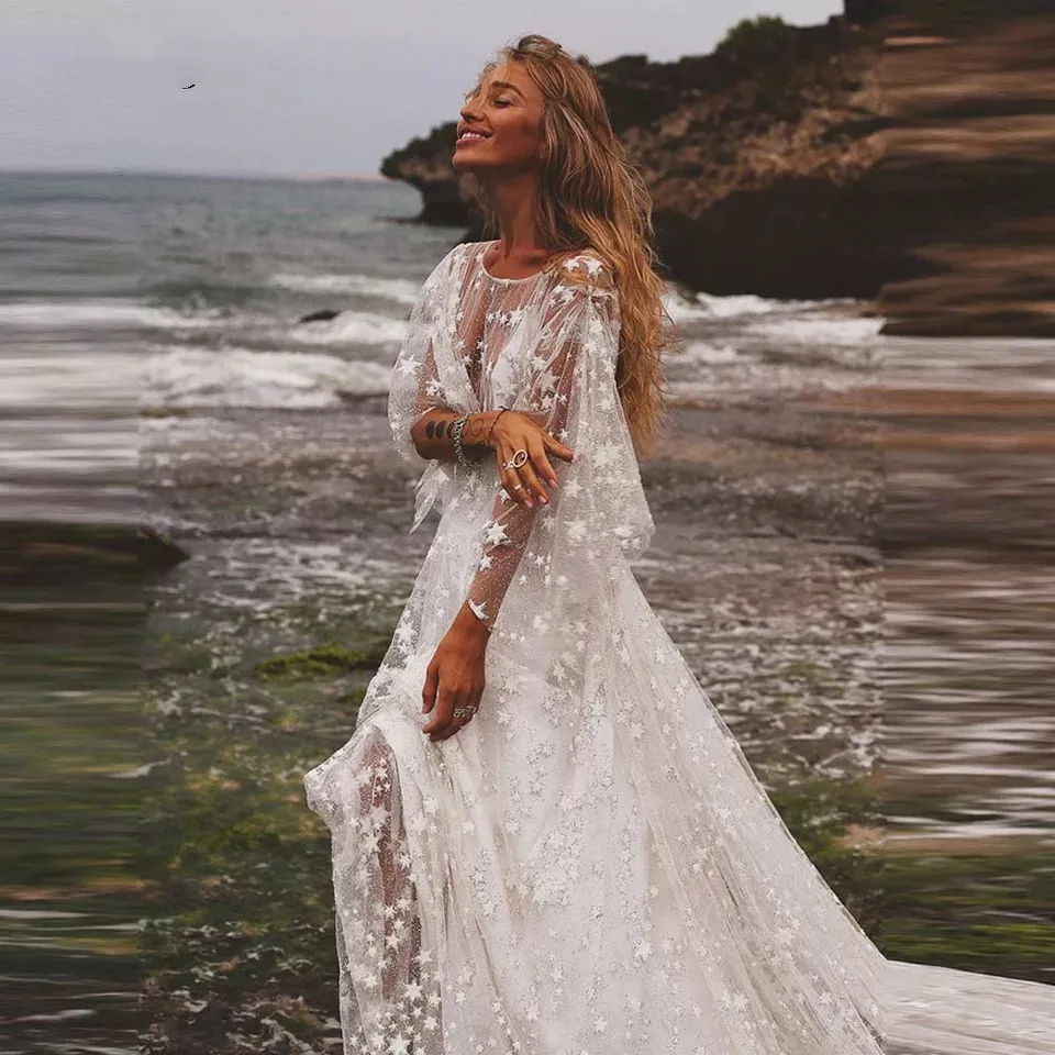 Sparkling Glitter Stars Wedding Dress Beach Boho Lace Beads Long Sleeves Romantic Bohemian Bridal Gowns Fairy Robe De Mariee