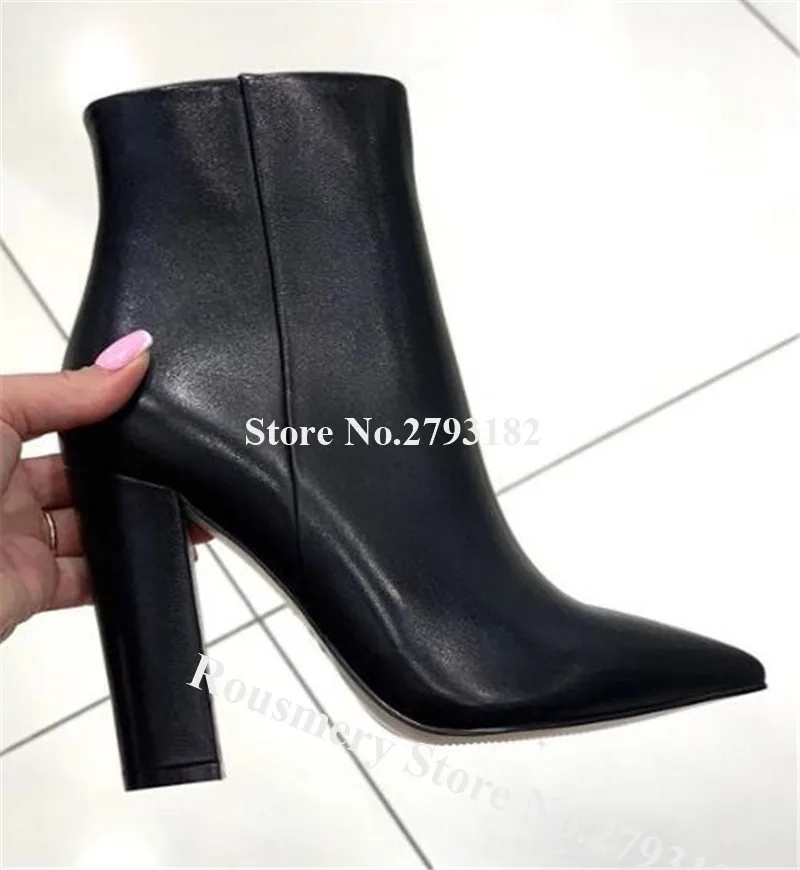 

Women Classical Style Pointed Toe Chunky Heel Short Boots Black Leather Zipper-up Thick HIgh Heel Ankle Booties Dress Shoes