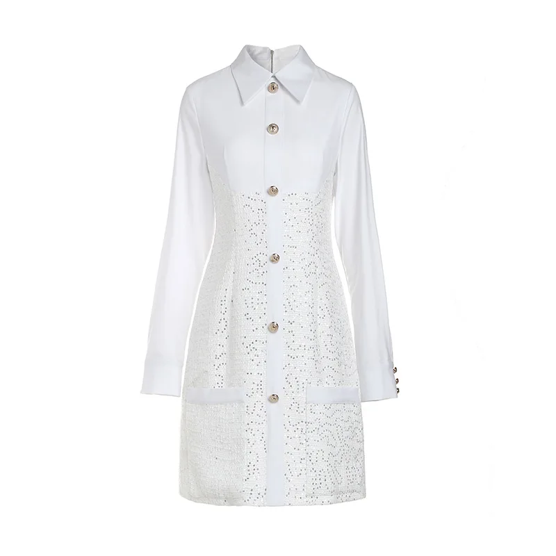 2020 new spring French style women dress Sequin patchwork slim dresses long sleeve turn down collar Aline Dress