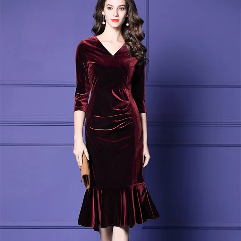 HANZANGL Brand plus size Women Fat mm velvet Dresses 2023 Female long section Mermaid Dress M~4XL Free shipping