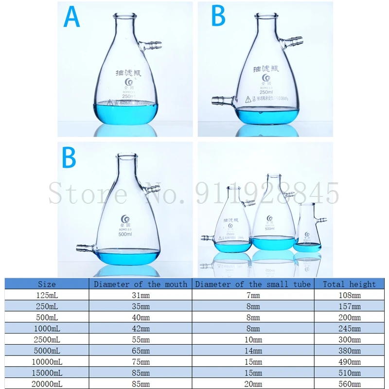 Botellas de filtro de succión de vidrio de laboratorio, accesorio de boquilla superior e inferior, matraz con brazo lateral, filtración de