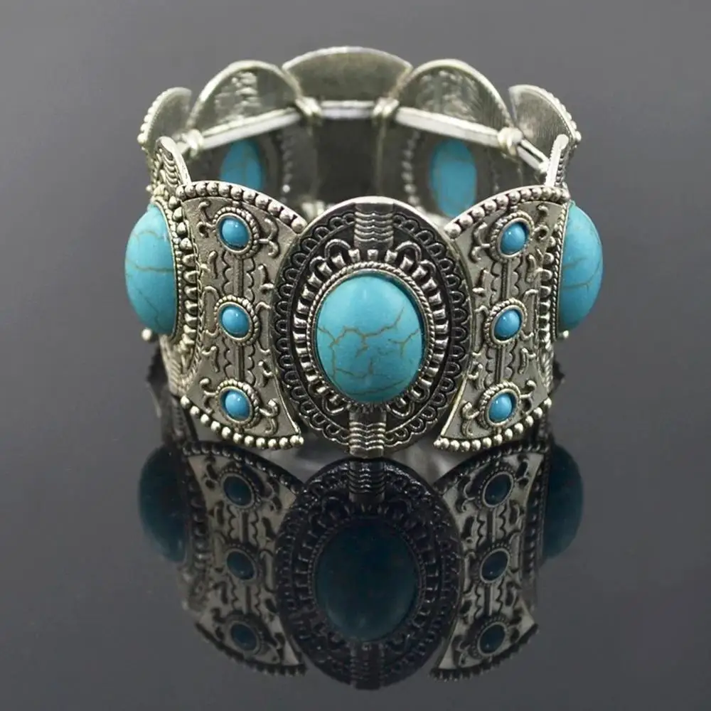 Vintage Tibetan Silver Metal Elastic Bracelets Blue Red Black Rhinestone Tribal Indian Bracelets Turkish Women Men Party Jewelry