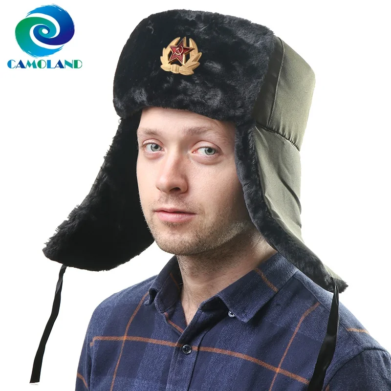 CAMOLAND Russian Ushanka Bomber Hats For Women Men Soviet Army Military Badge Winter Hat Thermal Faux Fur Earflap Snow Caps