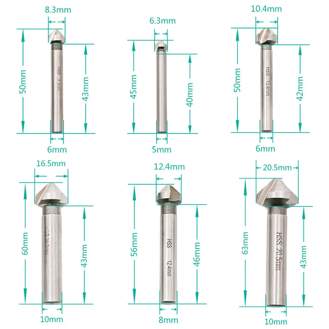 Broca avellanadora de 90 grados, cortador de chaflán de acero y madera HSS de mango redondo, 3 ranuras, 6,3-20,5mm, para acero al carbono/PVC, 1 ud.