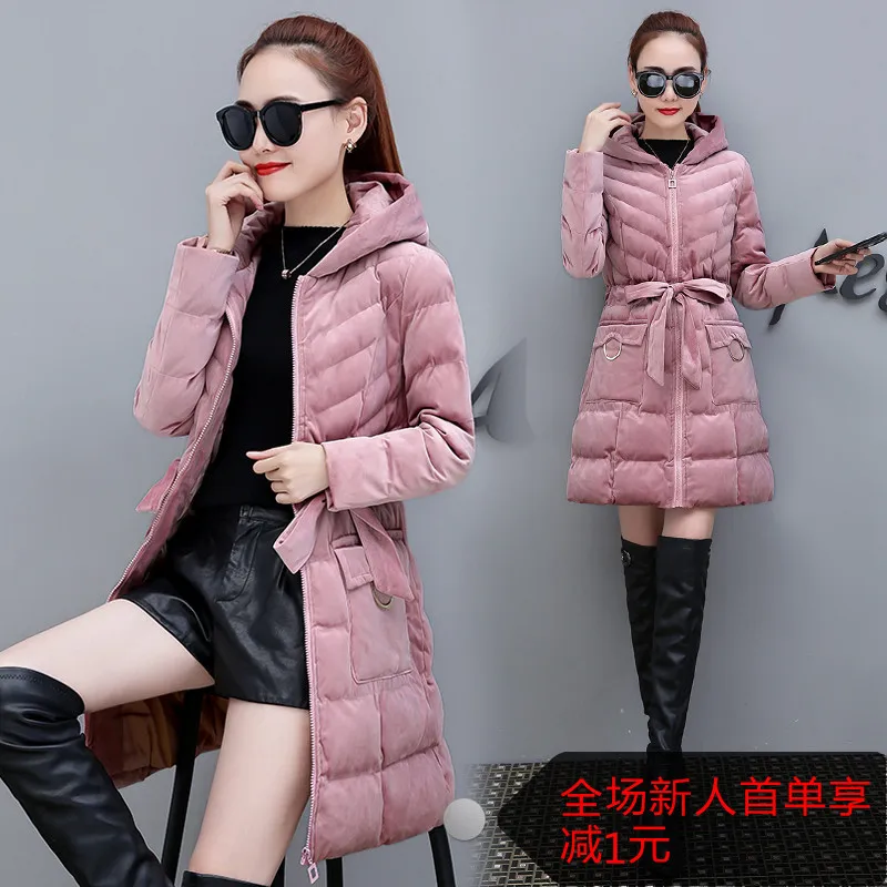 Women Velvet Coat Autumn Winter Warm Thicken Cotton Parkas Down Jacket Students Hooded Outwear Long Solid Tops QQ082