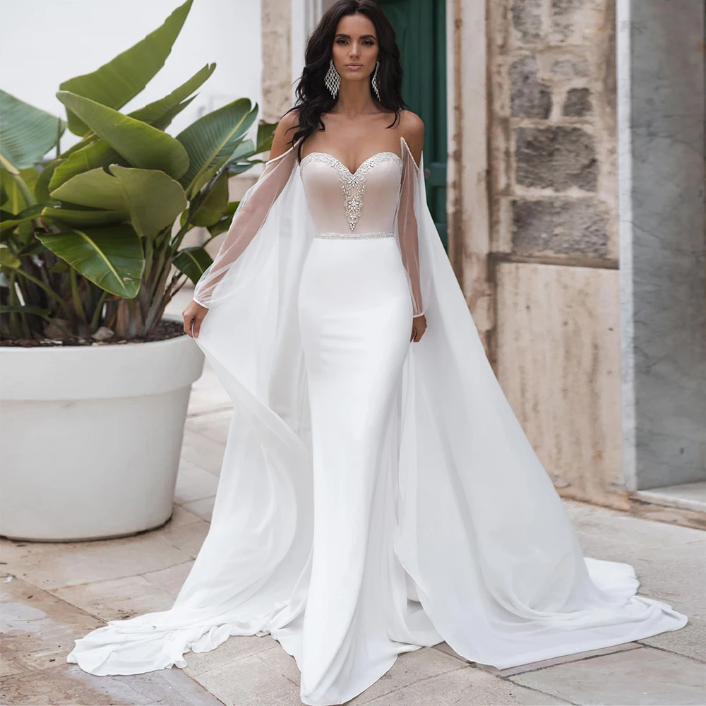 2021 New Mermaid Wedding Dresses Illusion Sweetheart Off Shoulder Backless Detachable Shawl Beaded Appliqued Crystal Bridal Gown