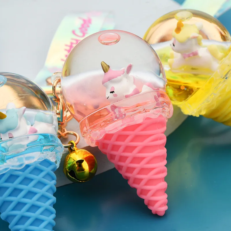 Fashion Ice Cream Unicorn Liquid KeyChain Creative Crystal Floating Animal Keyfob Moving Quicksand Keyring Girl Bag Pendant Gift