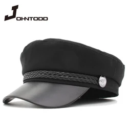 2020 new fashion unisex PU leather  hat autumn sailor hat man black gray flat top female travel student hat captain hat