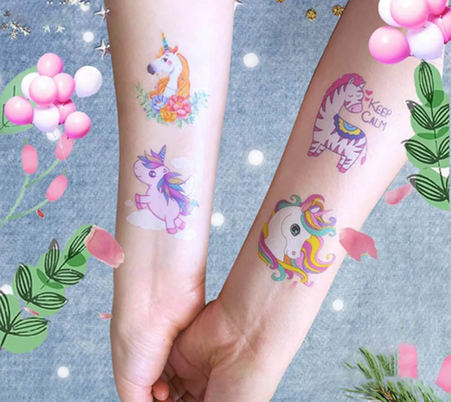 Juego de tatuajes de unicornio de 20 piezas colores, tatuaje temporal para niñas y niños, para el cuerpo pegatina, tatuaje bonito, gran oferta