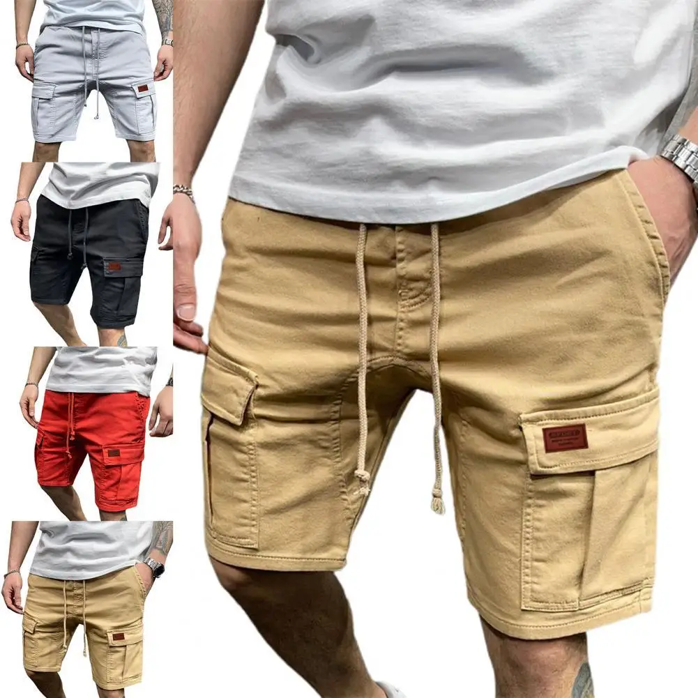 Solid Color Cargo Shorts Men Casual Shorts Summer Multi Pockets Joggers Shorts Mens Drawstring Knee Length Shorts short homme