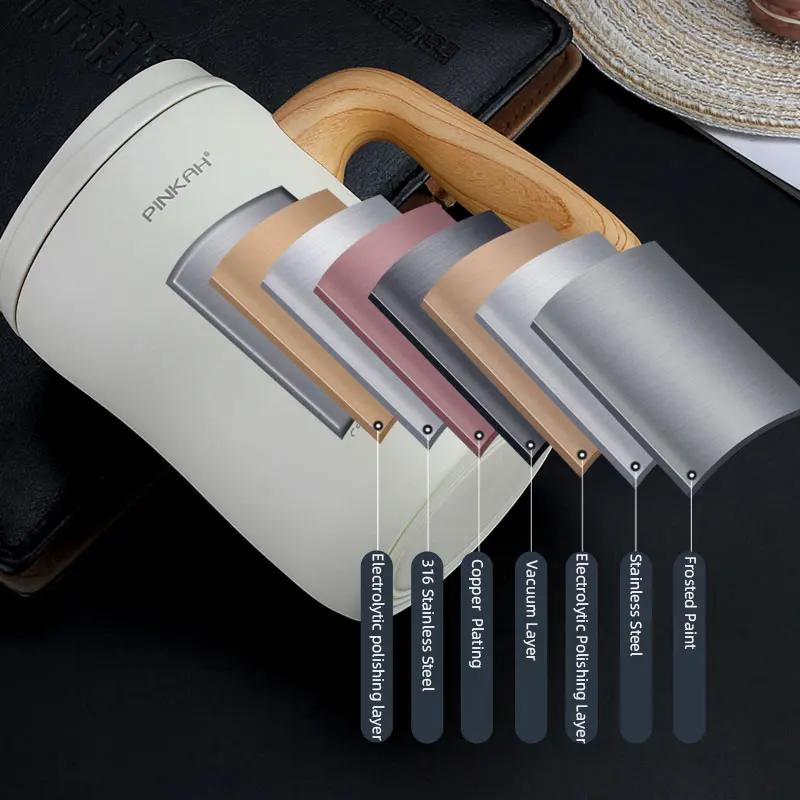 PINKAH Hot Sale 470ML Vacuum Coffee Cup With Handle Insulation Mug Office Leakproof Tea Cup With Lid Household Milk Gift Thermos