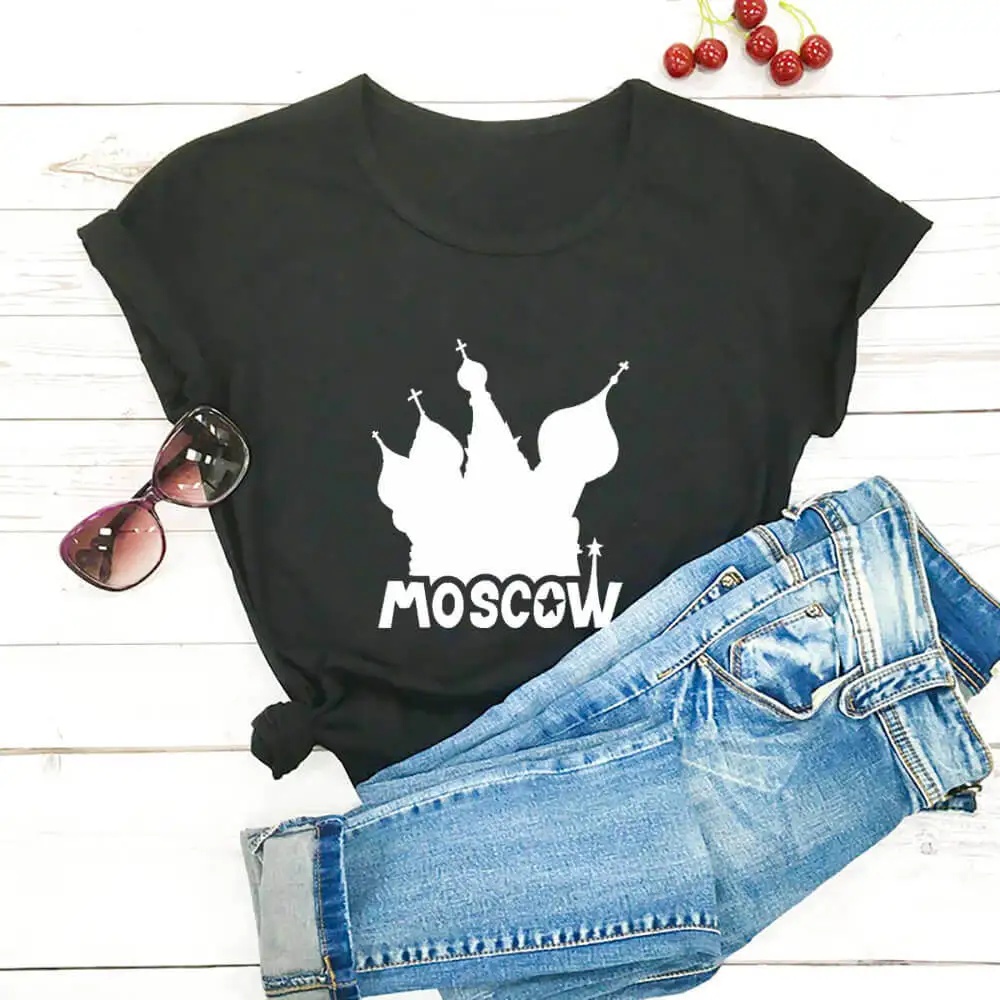 Moscow and Domes Printed 100%Cotton Women's T Shirt Summer Casual Funny O-Neck Pullover Short Sleeve Tops Moscow City Lover Gift