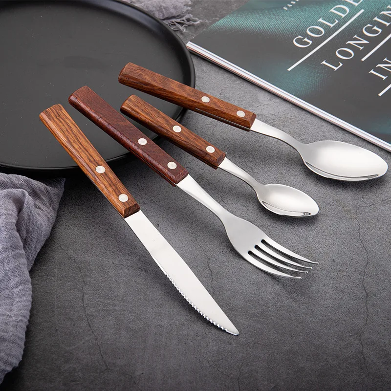 4pc Western Wooden Handle Cutlery Set Stainless Steel Portable Wood Dinnerware Sets Wooden Tableware Knife Fork Drop Shipping