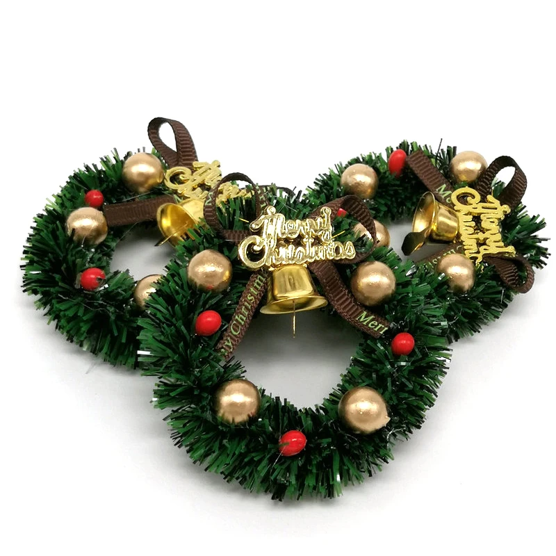 Xm1Pc 6CM Plastic+iron bell+ribbon Green Miniature Wreath Doll House Christmas Tree Wall Decoration Accessories