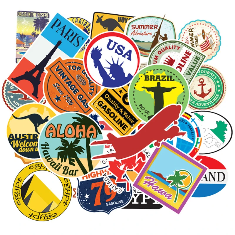 100 Pcs/set Travel Map Country Famous Logo PVC Waterproof Stickers Kids Toys Decor Suitcase Bicycle Car Guitar Skateboard F3