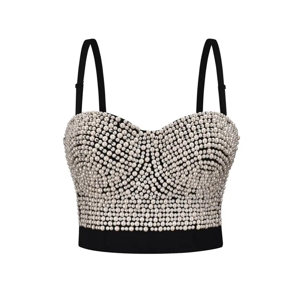 

White Pearl Beading Gothic Rave Bralette Crop Top Women Punk Rock Brassiere Femme Push Up Bra Show Dance Party Club Wear Bustier