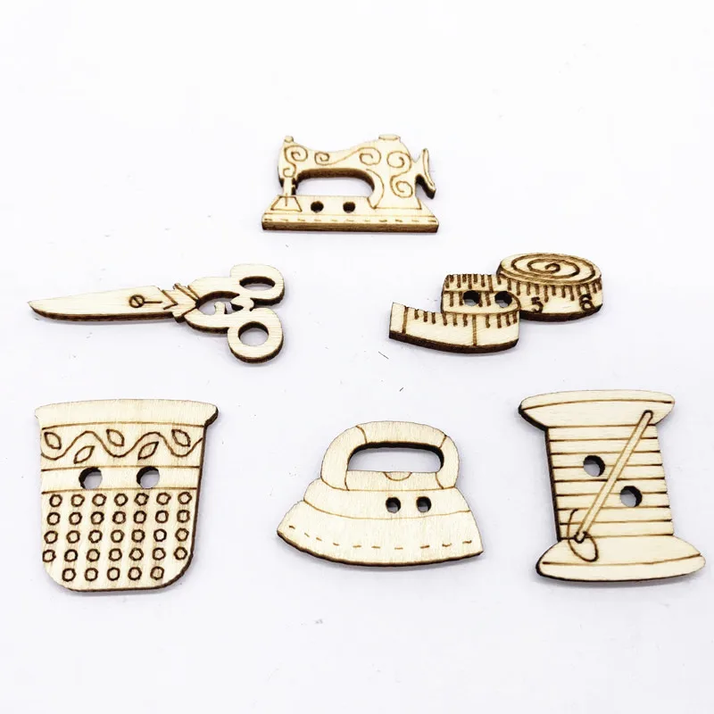 50pcs Sewing Machine Scissors Iron Tape Mixed Natural Fancy Wood 2 Holes DIY Buttons For Cardmaking Scrapbooking