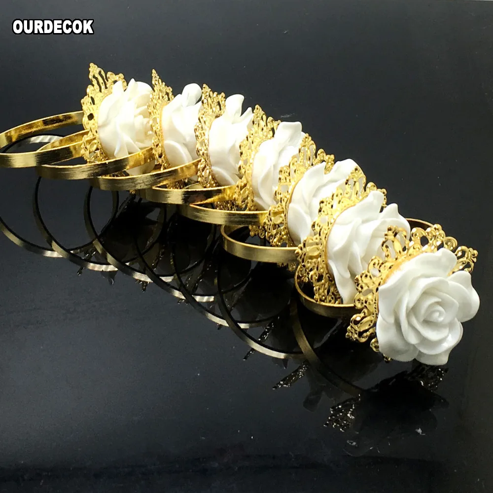 25pcs/lot White Color colors Rose Flower Decor Gold Napkin Rings Holder Hoops Romantic Weeding Party Table Decoration