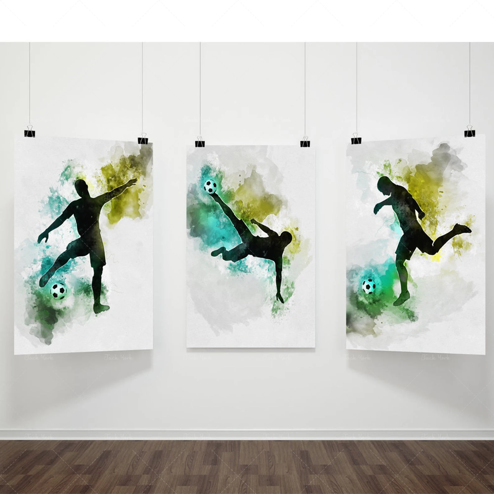 Soccer triple print Football sport poster Players with ball, Gift idea for best boyfriend, Valentines gift Watercolor wall art d