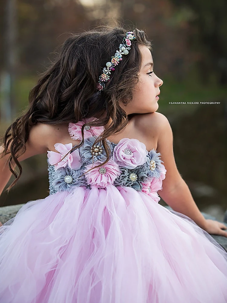 Pink and Grey Flower Girl Tutu Dress Wedding Tulle Dress Girls Wedding Dresses Robe Demoiselle Rose Kids Girls Clothes Dress image 2