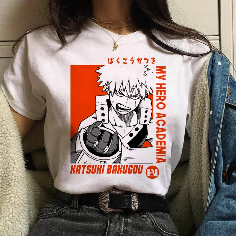 Katsuki Bakugo Japanese Anime print Goth ladies T-shirt casual basics O-collar white shirt short sleeve ladies Tshirt,Drop Ship