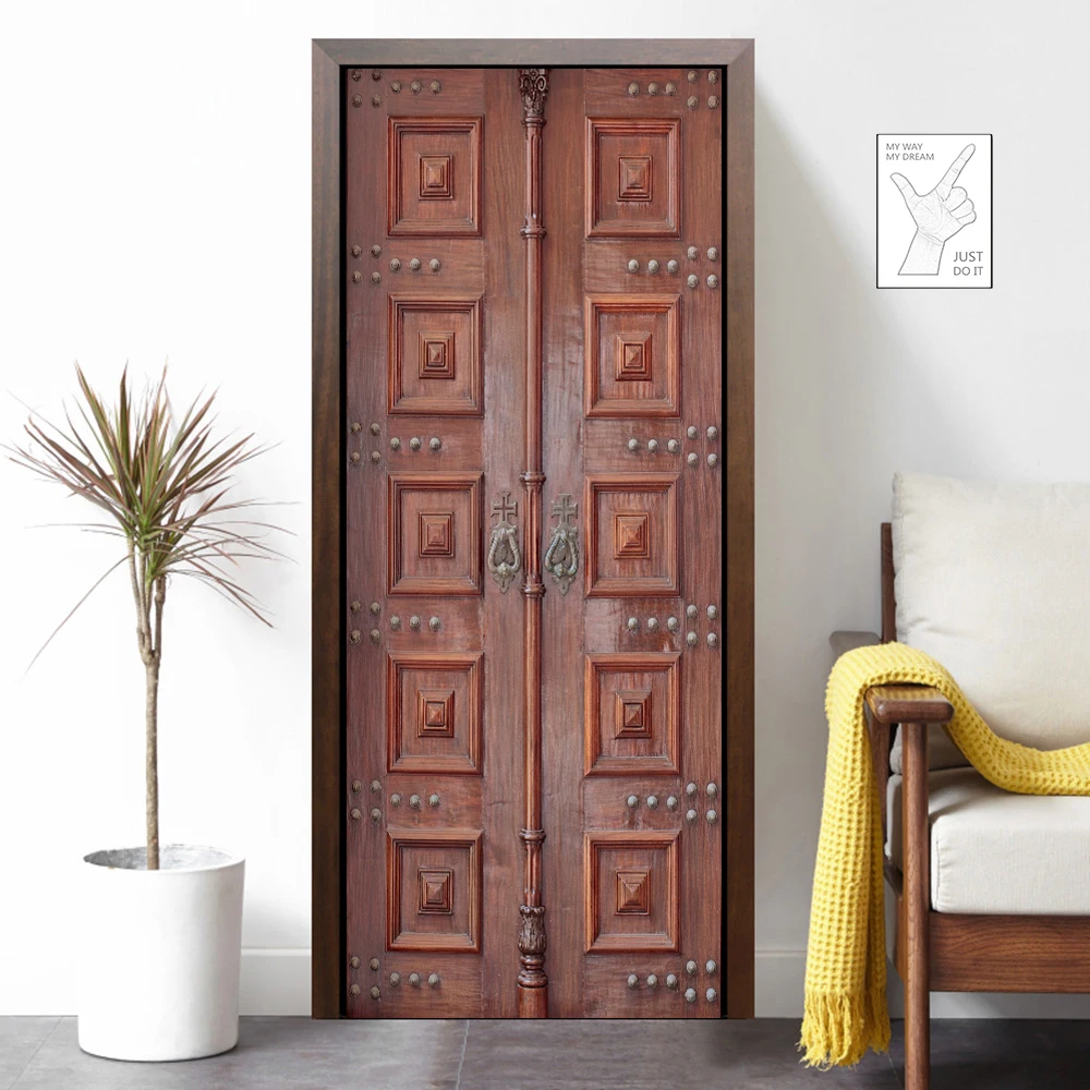 Europe Wooden Door Living Room Corridor Wallpaper PVC Self-adhesive Medieval Iron Gate 3D Wall Decor Sticker Full Covering Mural